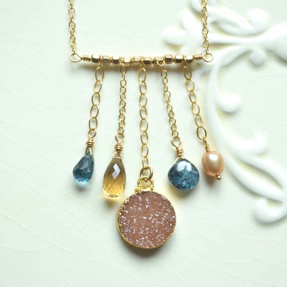 Druzy Necklace in Gold with London Blue Topaz - Made in Canada